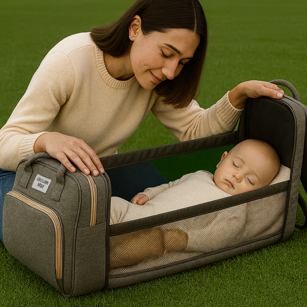 Mamá abriendo la mochila y desplegando la cuna portátil