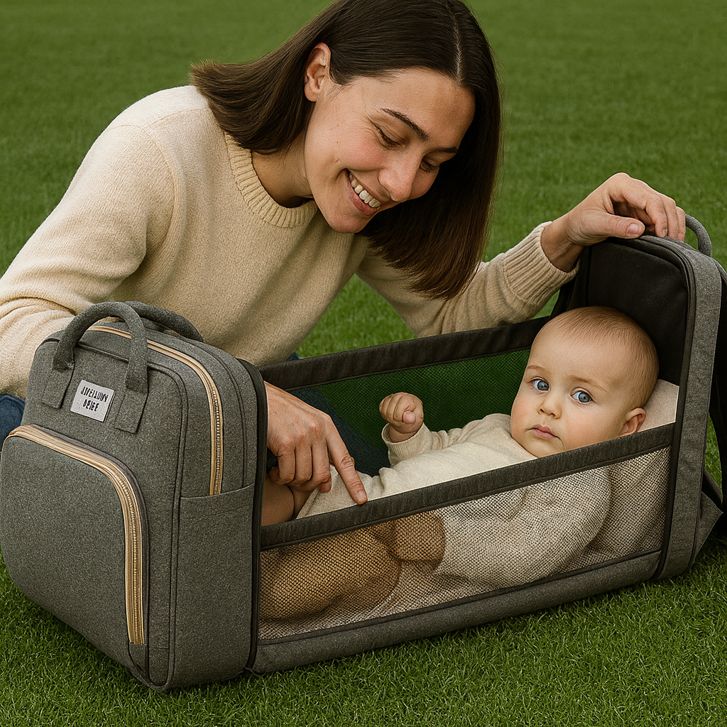 Mamá mudando al bebé dentro de la mochila con la malla visible